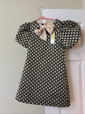 GB girls Black and Cream Puff-Sleeve Bow Party Dress